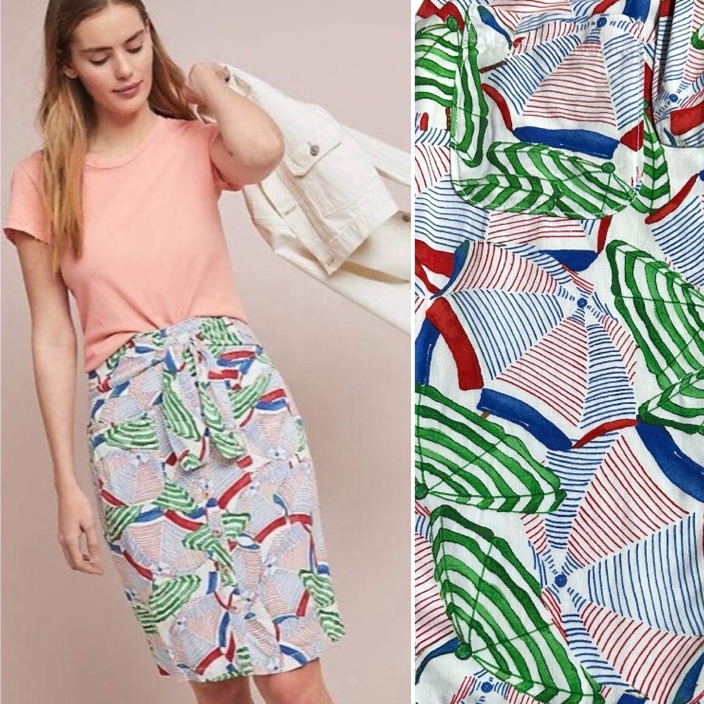 ANTHROPOLOGIE Conversations Shore Thing Umbrella Print Tie Front Pencil Skirt 4